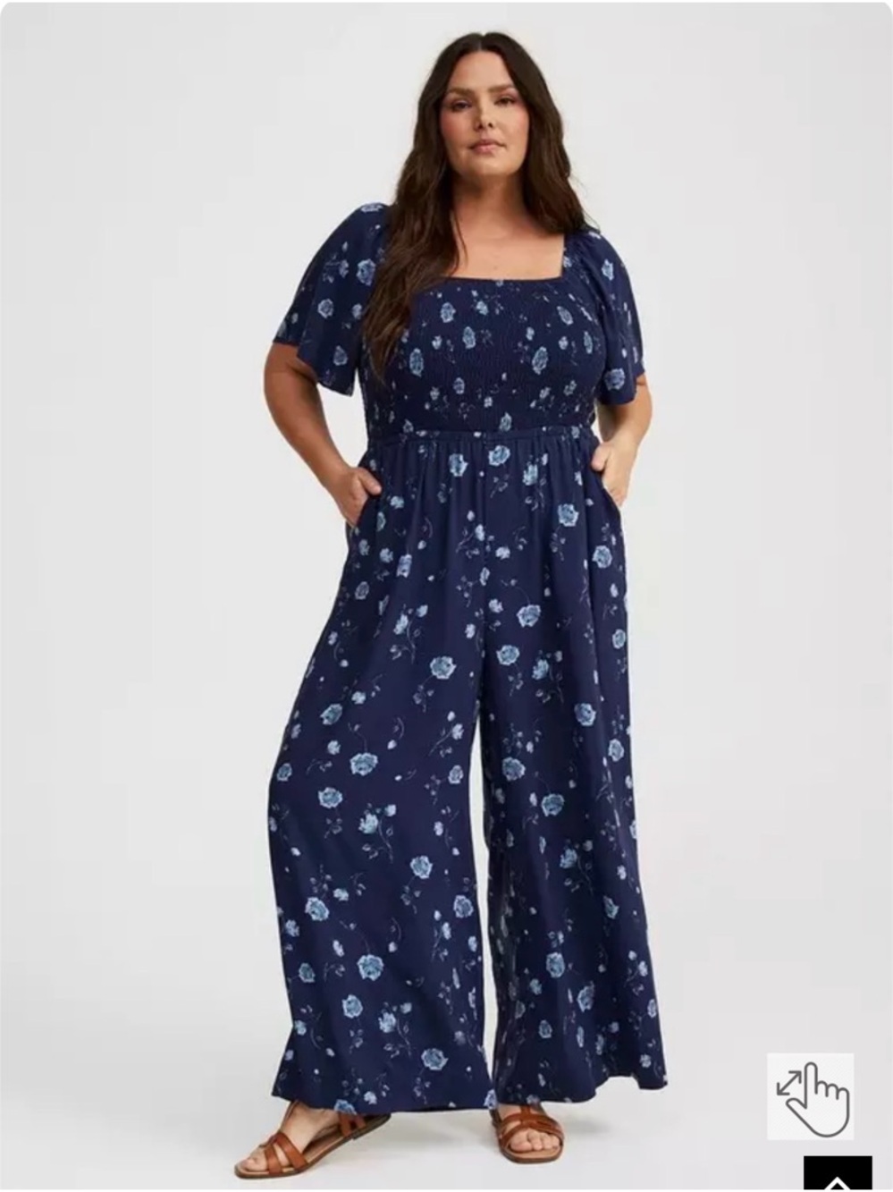Torrid Navy Floral Smocked Square-Neck Jumpsuit